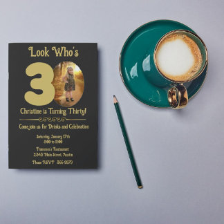 Gold on Black with photo 30th Birthday  Invitation Einladung
