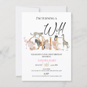 Gold One Boho Floral Safari Girls erster Geburtsta Einladung