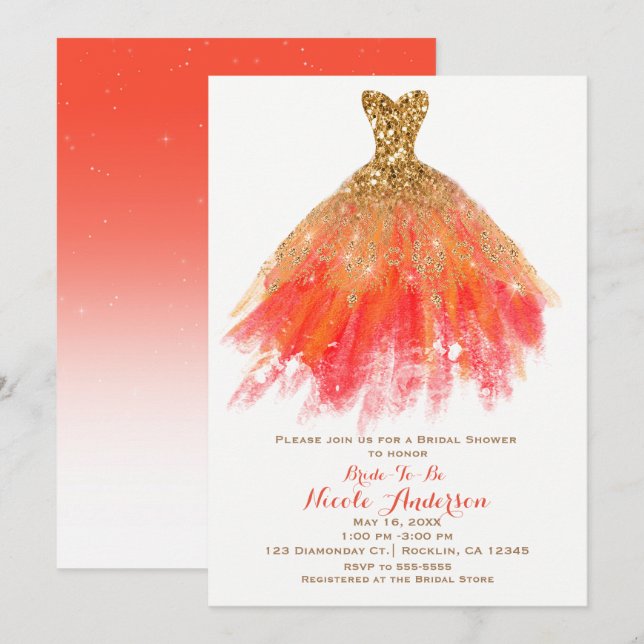 Gold Orange Glitzer Glam Dress Fall Brautparty Einladung (Vorne/Hinten)