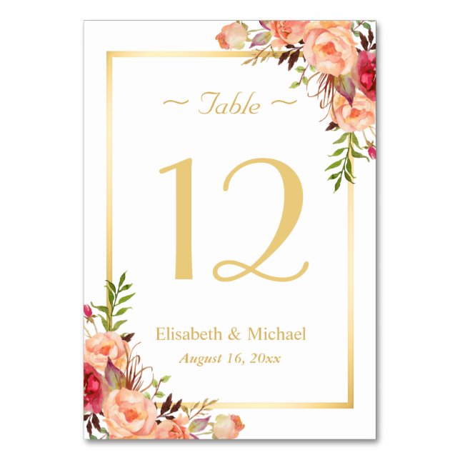 Gold Orange Rose Floral Chic Hochzeitsstimmung Tis Tischnummer (Vorderseite)