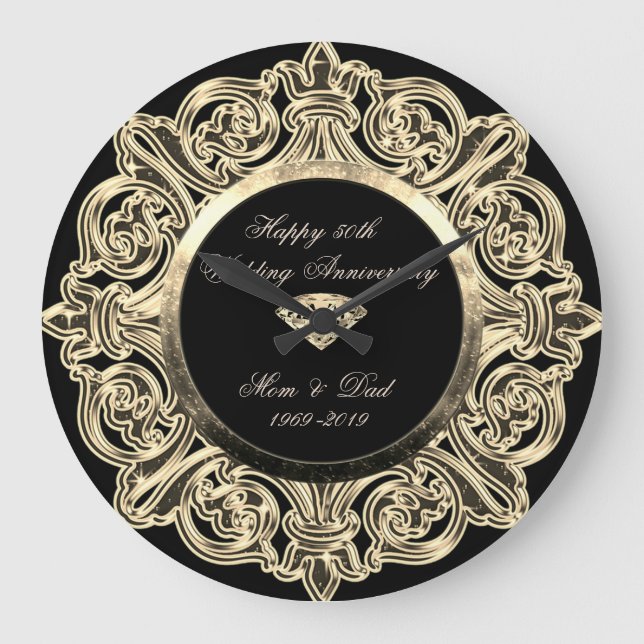 Gold Ornament 25. Hochzeitstag Große Wanduhr (Vorderseite)