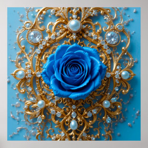 ✨ Gold Ornament Blaurose Perle Für Elegantes Zuhau Poster