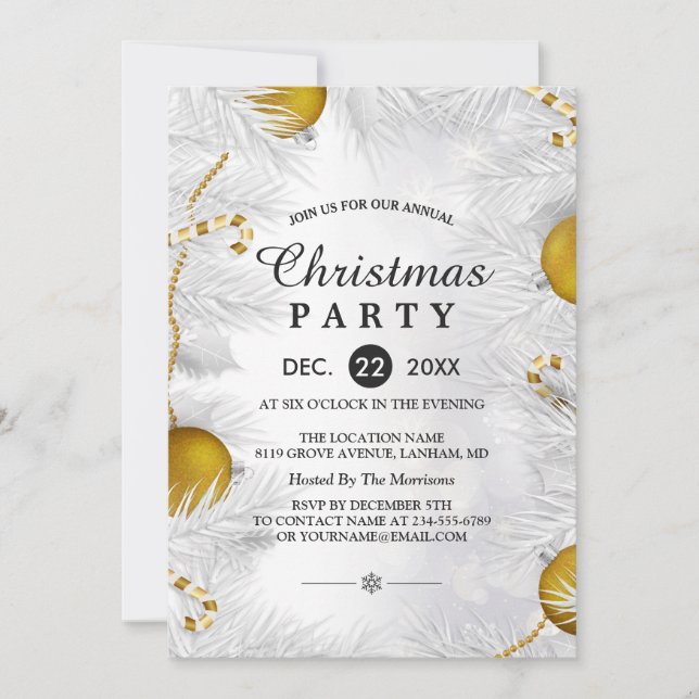 Gold Ornament Silver White Christmas Party Einladung (Vorderseite)
