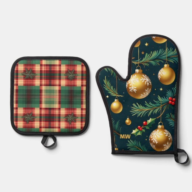 Gold Ornamente Weihnachten Ofenhandschuh & Topflappen-Set (Vorderseite)
