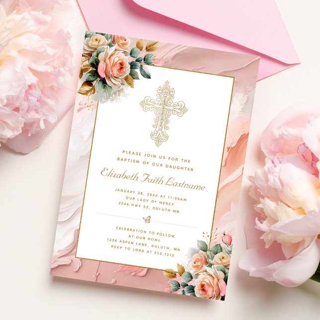 Gold Ornate Cross Peach Pink Floral Girl Baptism Einladung (Von Creator hochgeladen)