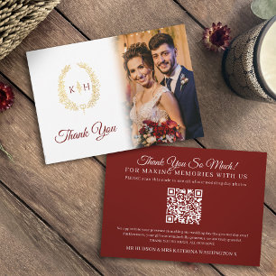Gold oval Blätter burgundy Hochzeit Foto QR Code Dankeskarte
