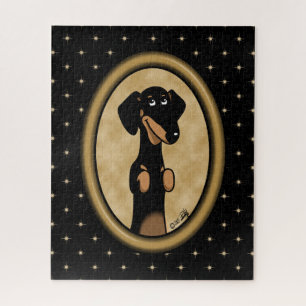 Gold Oval Dackel Cartoon Portrait (schwarz & tan)