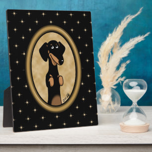 Gold Oval Dackel Cartoon Portrait (schwarz & tan) Fotoplatte