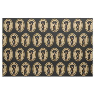 Gold Oval Dackel Cartoon Portrait (schwarz & tan) Stoff