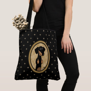 Gold Oval Frame Dackel Portrait (schwarz & tan) Tasche
