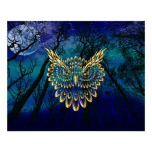 Gold Owl Face on forest at night Poster