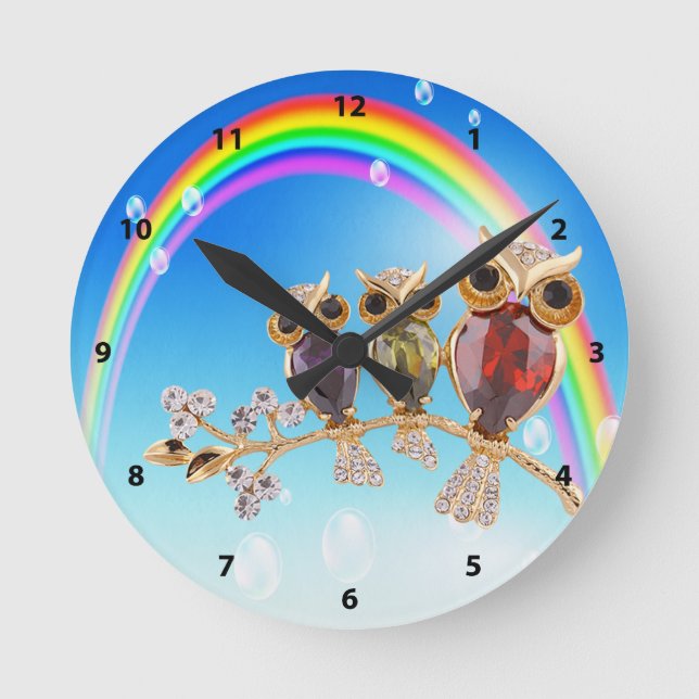 Gold Owls Juwelen & Regenbogenuhr Runde Wanduhr (Vorderseite)