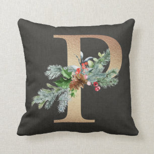 Gold P Monogramm Tanne & Beeren Weihnachtsfamilie Kissen