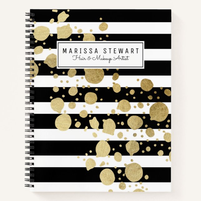 Gold Paint Spritzer Schwarz-weiß Streifen Notizbuch (Vorderseite)