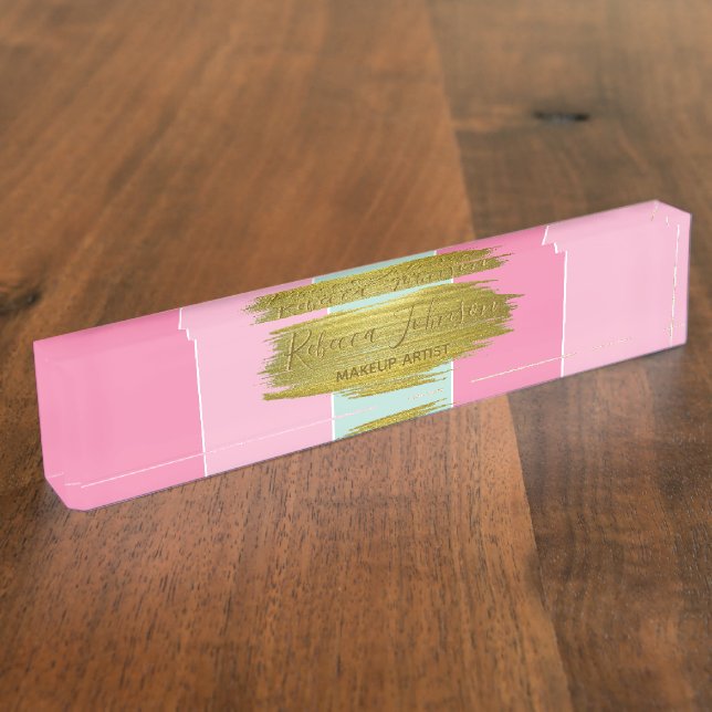 Gold Paint Stroke Farbenfrohe Minze Rosa Streifen Namensplakette (Seite)