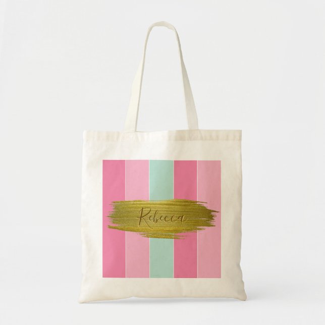 Gold Paint Stroke Farbenfrohe Minze Rosa Streifen Tragetasche (Vorne)