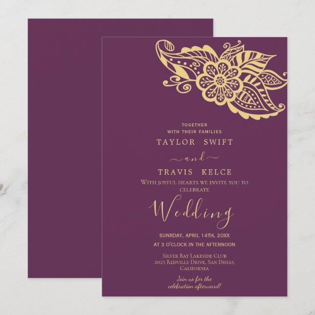 Gold Paisley Indian Wedding Einladung (Vorne/Hinten)