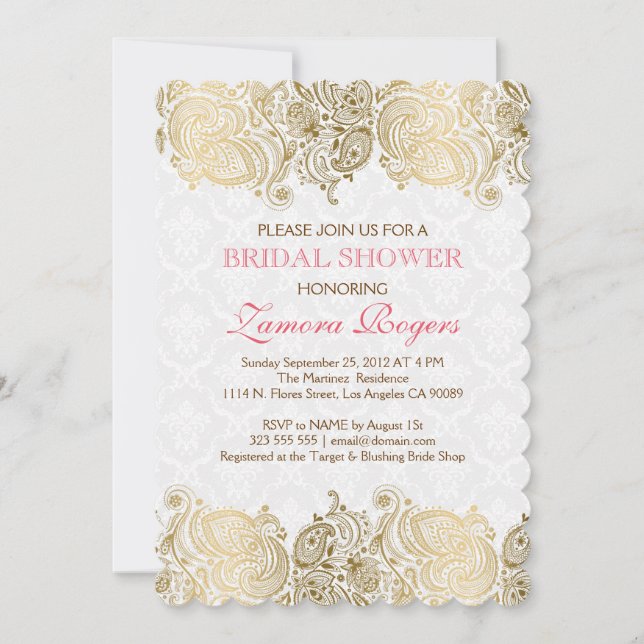 Gold Paisley Lace White Damask Einladung (Vorderseite)