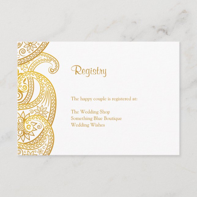 Gold Paisley Traditional Indian Wedding Registry Begleitkarte (Vorderseite)