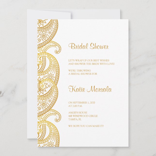 Gold Paisley Traditionelles indisches Brautparty Einladung (Vorderseite)