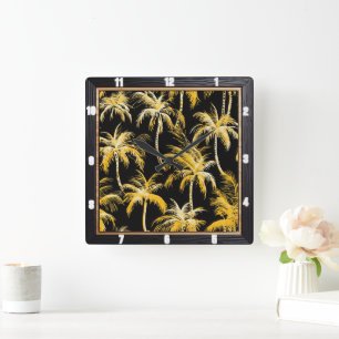 Gold Palm Trees Black Quadratische Wanduhr