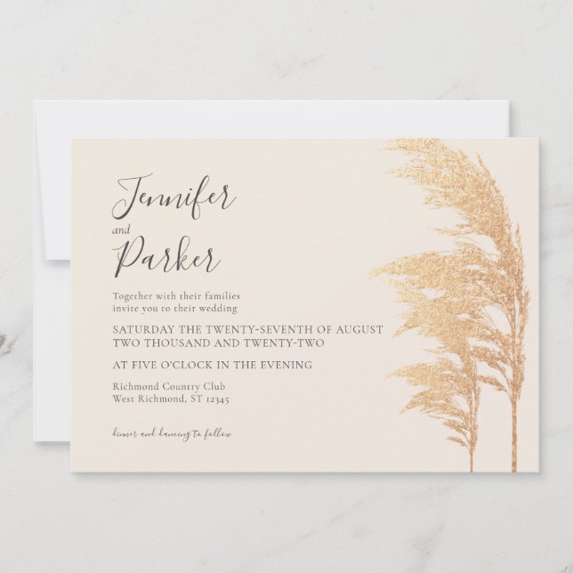 Gold Pampas Boho Rustique Woodsy Faire-part de mar (Devant)