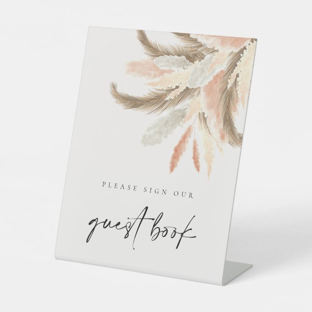 Gold Pampas Grass Guest Book Wedding C100 Sockelschild (Vorderseite)