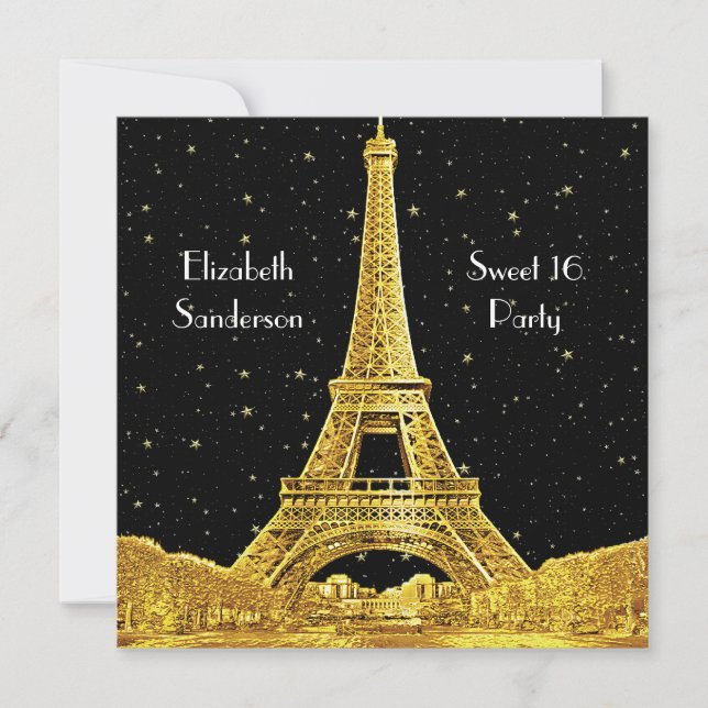 Gold Paris France Skyline #2 Bk Starry Sweet 16 SQ Einladung (Vorderseite)