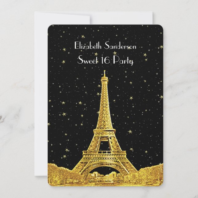 Gold Paris France Skyline #2 Bk Starry Sweet 16 V Einladung (Vorderseite)