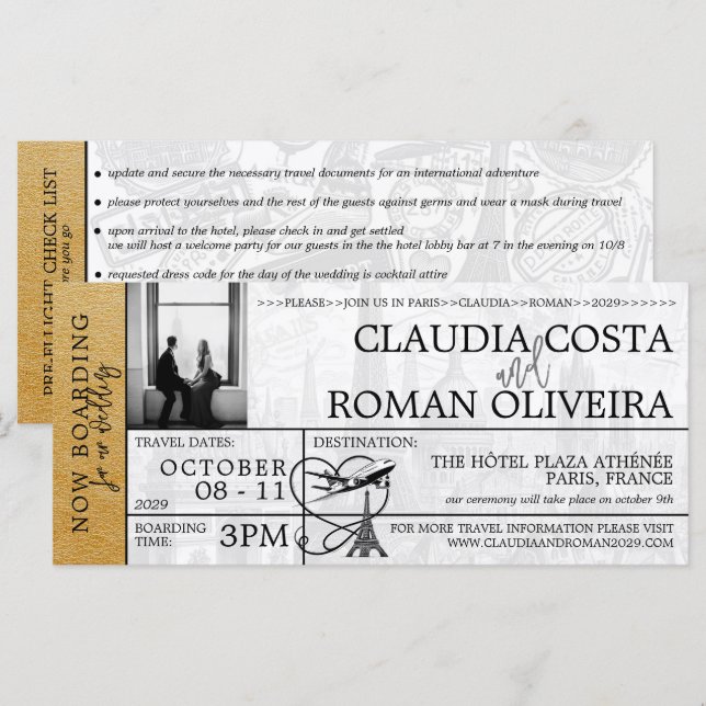 Gold Paris Mariage Boarding Pass Invitation (Devant / Derrière)