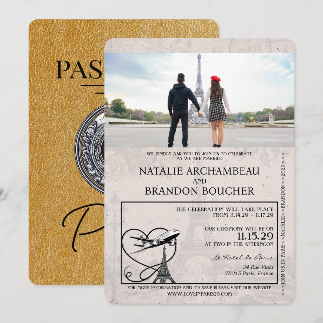 Gold Paris Passport Wedding Einladung (Vorne/Hinten)