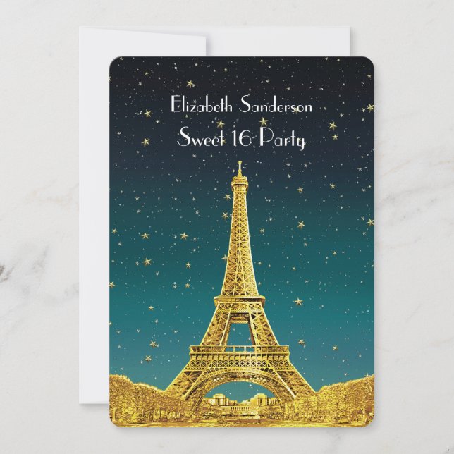 Gold Paris Skyline #2 Aquamarine Starry Sweet 16 V Einladung (Vorderseite)