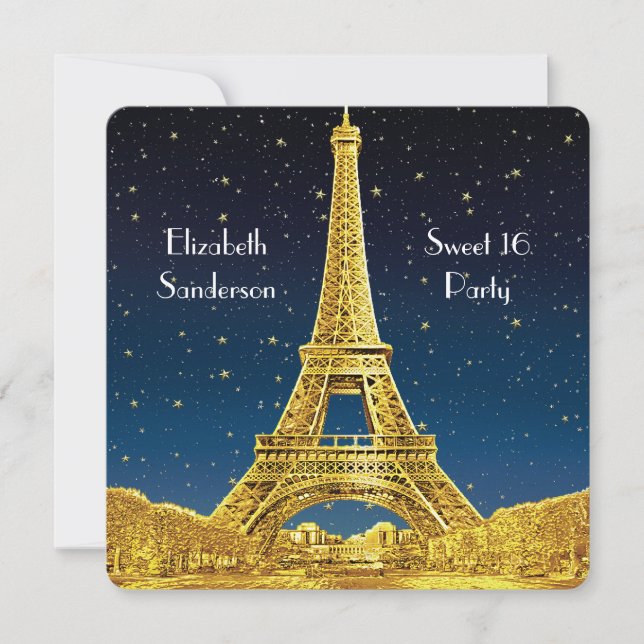 Gold Paris Skyline #2 Blue Starry Sweet 16 SQ Einladung (Vorderseite)