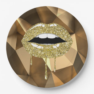 Gold Party Luxus Glam Glitter Tropf Tropfende Lipp Pappteller