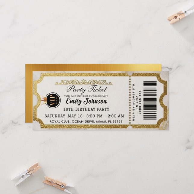 Gold Party Ticket Invitation 2026 (Devant/Arrière en situation)