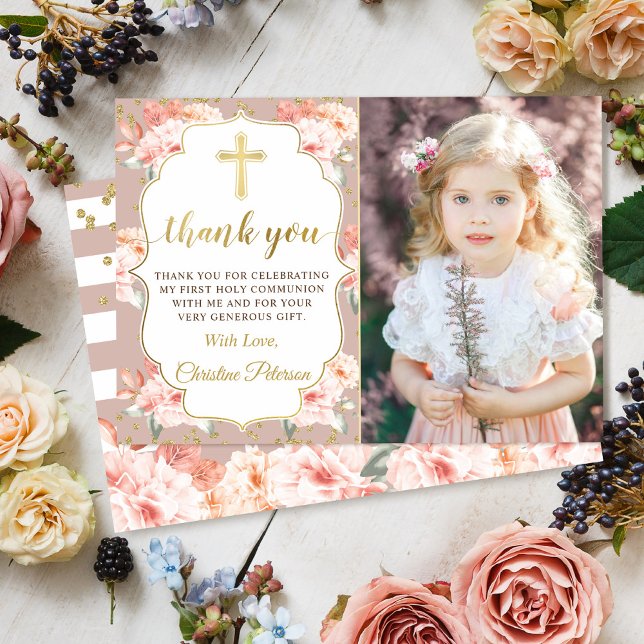 Gold Pastel Coral Floral Communion Carte de remerc (Créateur téléchargé)