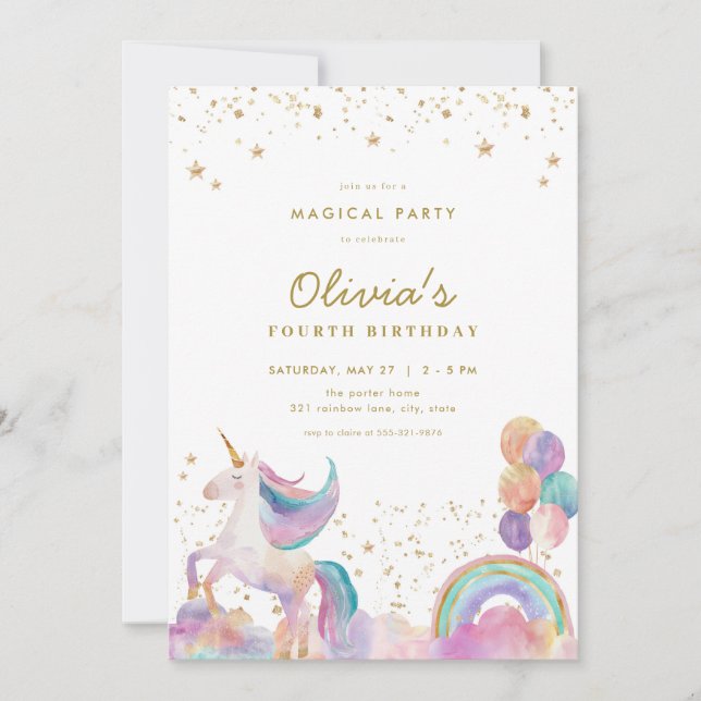 Gold Pastel Rainbow Unicorn Einladung zum Geburtst (Vorderseite)
