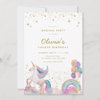 Gold Pastel Rainbow Unicorn Einladung zum Geburtst