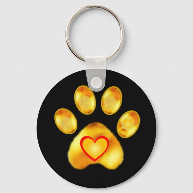 Gold Paw mit Herz auf schwarz Schlüsselanhänger (Vorderseite)