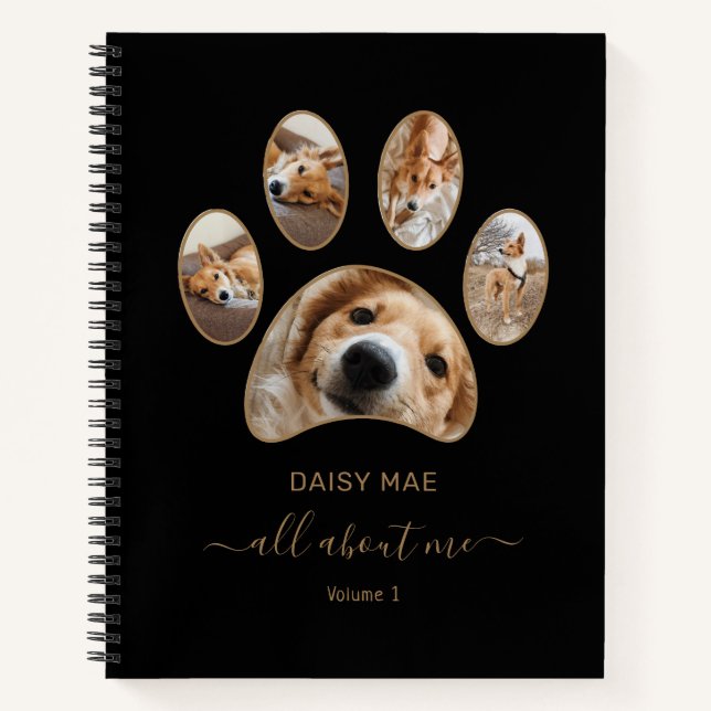 Gold Paw Pet Foto Collage Name Black Journal Notizbuch (Vorderseite)