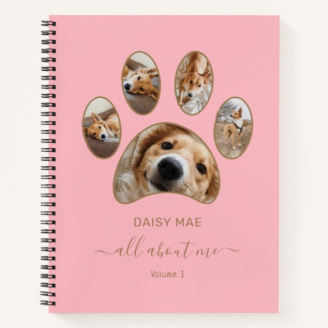 Gold Paw Pet Photo Collage Nom Pink Journal (Devant)