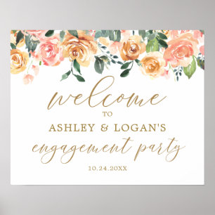 Gold Peach Floral Verlobungsfeier Begrüßungsposter Poster