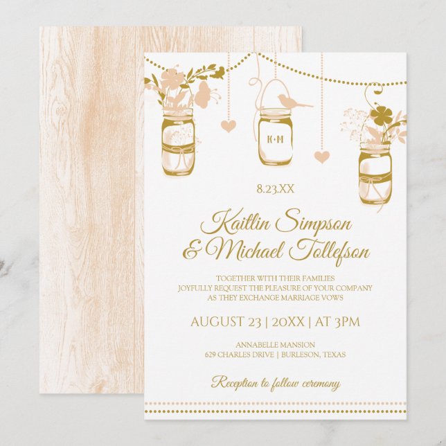 Gold & Peach Mason Jar Einladungen für Hochzeiten  (Vorne/Hinten)