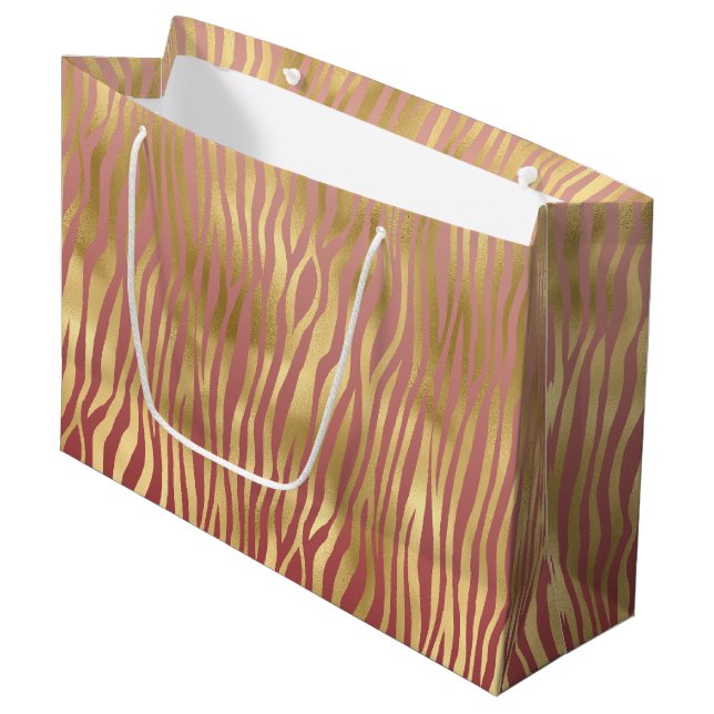Gold Peach Red Zebra Stripes Große Geschenktüte (Vorderseite Schrägansicht)