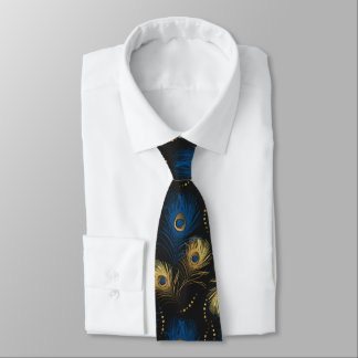 Gold Peacock Feather Black Blue Mens Necktie Krawatte