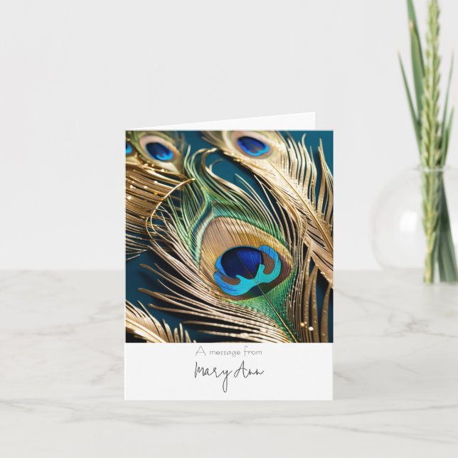 Gold Peacock Feather Dankeschön Karte individuell  (Vorderseite)