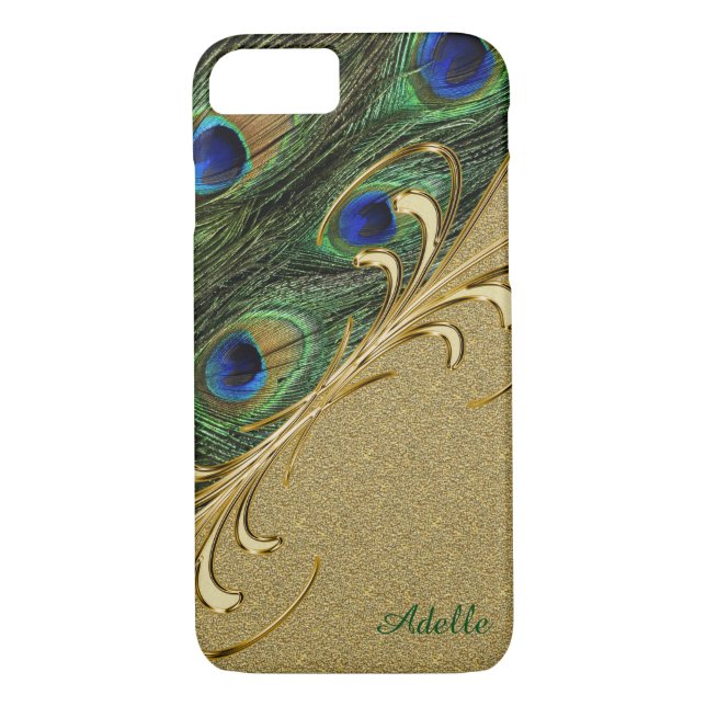 Gold Peacock Feather iPhone 7Plus Monogram Case (Rückseite)