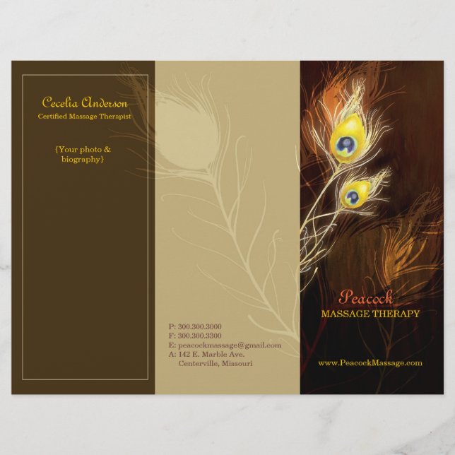 Gold Peacock Feathers Tri Fold Business Broschüren (Vorderseite)