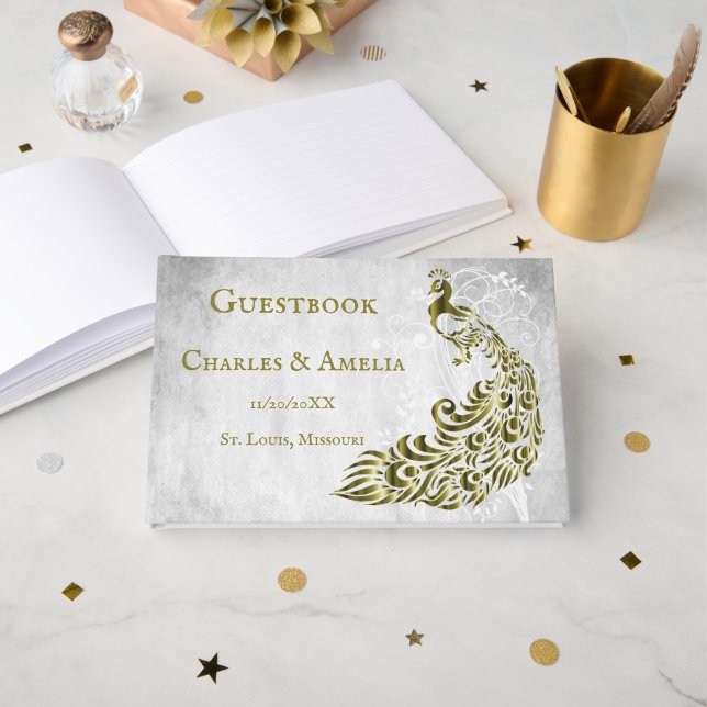 Gold Peacock Leaf Vine Wedbook Gästebuch (Vorderseite Offen)
