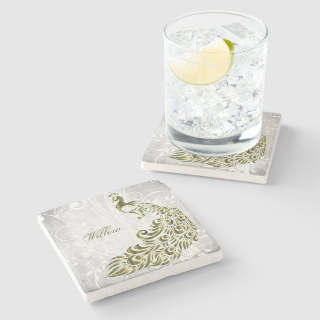 Gold Peacock Personalisiert Stone Untersetzer (Seitenansicht)